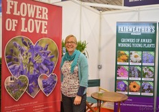 Sharon Lowndes of Fairweather's Nursery standing next to their new Agapanthus introduction, the FLower of Love. According to Lowndes, this UK bred plant has a upright stem and is winter hardy (-15 Degrees Celcius.)