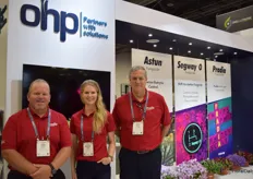 Jake Chilek, Katelyn Jones and Ron Ostrander with OHP, the banners show the fungicides and insecticide, they are highlighting at the show.
