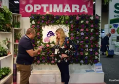Optimara's Victor Zadoyanchuck showing Karen Schneck with the Schotts Company a LooXo violet. This violet has more blooms and is disease resistant.