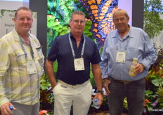 Brothers Arie van Luiten from De Cloet Greenhouse Manufacturing and Nico van Luiten with Luiten Greenhouses meeting up Johan Beukel with United Greenhouse Systems at the Cultivate.