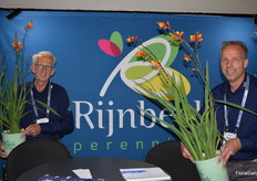 Rijnbeek Perenials, Nico Rijnbeek and Marcel van Vemde are holding a Crocosmia Orange Pekoe Three Colors, a new bred line.
