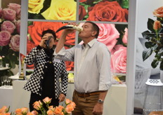 Rosa and Ivan drinking the rest of the drink in the Viking horns.