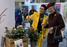 Her Royal Highness Princess Benedikte of Denmark  visited the IPM Essen and baptized Sweet Celebration, a pot rose with two colors in one pot. In the picture, HRH Princess Beneedikte of Denmark with Rosa Eskelund of Roses Forever.