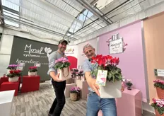 The team from Morel was excited to share their new advancements in Cyclamen. Area Manager André Costa (left) is holding Petit Moulin, a double-flowered cyclamen with a shelf life of nearly 100 days! Global Sales and Marketing Manager Guy Schertzer holds a stunning Indiaka Midi in a new Red color.