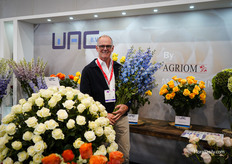 Jaap Stelder of Agriom showing off the Delphinium