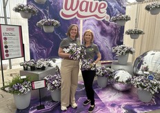 The E3 Easy Wave petunia series launches a blue-and-white bicolor pattern called Midnight Marble. It is very floriferous with cold durability. E3 Easy Wave Midnight Marble flowers within a 9-hour photoperiod. Isabel Branstrom (left) and Sarah Makiejus (right) are holding these spreading petunias, showing off the unique pattern.