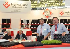In the back Paul Greenhalgh of Horticulture Ltd, who is in discussion with CEO Jurgen Kubern of Herkuplast. In the front : Bernhard Aichele and Alfred Boot of Herkuplast.