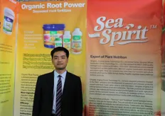 Danny Jia of Qingdao Jingling Ocean Technology Co. promoted the company's Sea Spirit line of seaweed root fertilizer