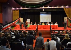 The opening cermony. From left to right: H.E. Joost Reintjes, Ambassador of Netherlands to Kenya. H.E. Tatsushi Terada, Ambassador of Japan to Kenya. Ms. Sicily Kariuki, Principal Secretary of Agriculture. Margaret Keyatta, the first lady of the Republic of Kenya. MR. Richard Fox, Chairman Kenya Flower Council. Mr. Dick Van Raamsdonk, Exhibitions President. Mrs. Jane Ngige, CEO Kenya Flower Council.