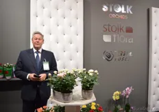 Adwin van Loenen of BM roses, a Dutch grower of potted roses. The are sharing the booth with Stolk orchids and Stolk Flora.