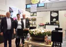 The team of Rosa Danica. The grow potted roses. At the show, their scented potted rose, RosAroma was in the spotlight. Around the RosAroma, they put four other scented potted roses in the black boxes.