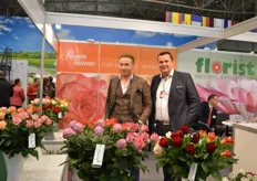 "Alexander Brjuhins of Rosen Tantau and Stein Schouten of Florist Breeding. Rosen Tantau's first rose delivery was in 1996, and since 1998 they've been active on the Russian market. At the show, Brjuhins recognizes that people are looking for new varieties and that they are very interested in the roses with clear and contrasting colors. Their yellow and red rose for example (on the right side of the picture) is still in its test phase and caught the eye of many visitors. "The colors are very contrasting", says Brjuhins."