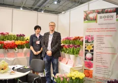 "Willem Boon of Boon Export with his translator Irina Meged. Boon supplies flower bulbs and plant material to Ukraine and the former Soviet nations. According to Boon, the local production in Ukraine is increasing. "The tulip is a relatively cheap flower and due to the low Hryvnia demand for this flower is higher than usual. This year has been a better year than last year, so we are moderately positive", he says."