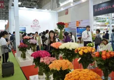 The crowded booth of Ecuadorian rose and hydrangea grower Royal Flowers.