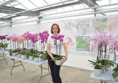 Friederike von Rundstedt of Bock bio Science. Holding the Liese. This is a new orchid with purple color and a red lip. The flower size is 10-11 cm and the stem lengt is 60-70 cm.