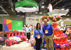 Anne Leventry and Mark Gross of PanAmerican Seed in front of their broad assortment of Petunias from seed, the 360 line. According to Gross, they own almost all types of petunias.