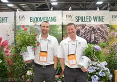 Brad Presto and Paul Koutz of Spring Meadow Nursery. They grow proven winner varieties and one of the varieties they grow is the Let's Dance Rave Hydrangea that Presto is holding. This hydrangea is a rebloomer and blooms on old and new wood. Besides that, it is hardy and has thick stems, so it does not flap over by its big flowers. Another variety is the Oso Easy Double Rose that Koutz is holding. This rose has a deep color, double petals and is very disease resistant.