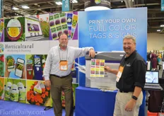 Randy Webb and Todd Davis of Horticultural Marketing & Printing. They are showcasing their new LED color printer. It prints tags, signs, banners (13x52), static cling, peal&stick labels on both sides. New about the printer is the fact that it can print on a 14 millimeter potstick. For most printer, this paper is to stiff.