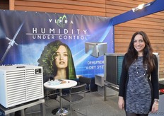 Antonella Migliozzi of Vifra showcasing the new Dehumidifier of Vifra. Having promoted the high pressure fog systems for years, they are now ready to show the other side of humidity management; dealing with those situations where the humidity is too much.