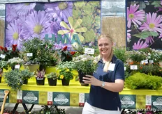 Carolyn Forro of HMA Plants holding the Nemesia French Connection Easter Bonnet. This plant blooms a lot and has is fragrant.