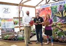 Nathan Lamkey, Larry Finley and Joy Lawrence of Terra Nova Nurseries. Lamkey is holding the Heuchera Forever Red. Finley holding the Lewisia and Larence the Scarlet Ibis.