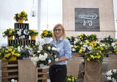 Stefanie Günter of Benary holding the Begonia tuberhybrida F1 Nonstop Joy Mocca White. It is a new addition to the Nonstop joy series. The Joy Mocca is a semi-trailing begonia from seed, seems to be easy to grow, sleeve and ship.