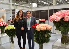 Alejandra Jarrin and Diego Negrete of Negrete Star Roses. They supply around 85 percent of their flowers to Russia. The rose on the right; Boulvard is one of their best sellers and is grown without any hormones. The second rose on the right has been planted at the farm recently and these flowers are the first flowers that have been harvested..