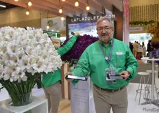 "Camilo Bazzami of La Plazoleta holding the first prize in "Best in Category" for their alstroemeria Himalaya and the second price for their alstroemeria Palermo."