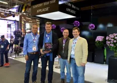 Masashi Matsumura of Suntory Flowers , Mario Vicente of Fresca Farms and Dr. Ivan Rodrigo Artunduaga and Cory Sanchez of Florigene presenting the new blue rose, Applause. At this the Proflora they were presenting Applause for the first time.