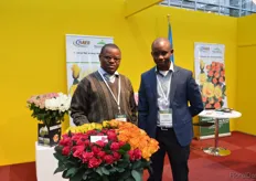 Epimaque Nsanzabaganwa and Assouman Usabyima of NAEB. At their booth, they represent three Rwandan flower farms; Bella Flowers (a 20ha rose farm) Bright harvest (a 10ha summer flower farm), and Floramatt (a 25ha summerflower farm)