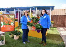Judy Born and Felici Van der Velde of Florist Breeding and propagation. Born is holding the new Garvenia Sweet Sunset and Van der Velde Sweet Fiesta. These are the first two re bi-colors in their Garvenia series. They are suitable for pollinator gardens as they attract bees and butterflies.