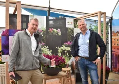 Bert Koeze and Nico Laan of Royal Van Zanten presenting their new purple celosia. It has a larger flower and remains its color in warm climates. On top of that, it also requires less water.