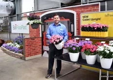 Eric Pitzen holding the new Cadet Upright of allFloraPlant. It is a new upright verbena and features the same heat performance as EnduraScape (a variety of BallFlorPlant that is on the market already)in a compact patio pot habit.