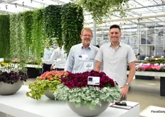 Manfred of Westhoff and Chris Berg, representative of Elsner PAC and Westhoff in North America presenting the Petunia Crazytunia Cosmic Purple (on top of the mix on the right) and Calibrachoa Chameleon Atomic Orange (on top of the mix on the left). Cosmic Purple flowers early, has a bushy and mounding habit and large flowers. As a young plant, it is a compact plant , so easy to grow and ship.