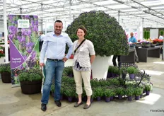 Gwenveal Guillou of DeCock and Estella Thibault of Les Jardins de Solonge (a French grower and client of DeCock) in front of a new Lavendula variety if DeCock; Fantasia.