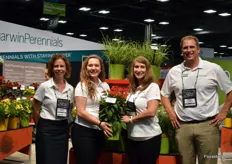 The team of DarwinPerennials presenting Echinacea hybrida Sombrero Tres Amigo. F.l.t.r., Karen Bunting, Laura Dickey and Katie Anderson, holding a new Echinacea hybrida Sombrero Tres-amigos variety, and Leland Toering