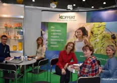 This is the stand from Koppert Russia. On the picture we see Dmitrii Kiranov, Marina Derktereva and Olgo Gerasimova together with a client.