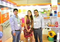 The team of Megastock. They produce packaging material for roses in Ecuador. From left to right: Carlos Degado and Carolina Munoz of Megastock with Fernando Suesnava of Hilsea (who was visiting the show). 