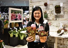 Lisa Higaki of Bay City Flower presenting their own bred Echeveria's; Red Velet (left) and Devotion (right). They are a fouth generation famaly company. 