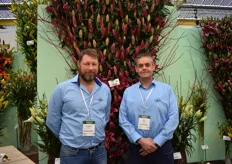 Jan Willem & Arie from De Jong Flowerbulbs, standing at their very nice decorated lily wall.