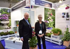 Raymond J Evison OBE VMH and Lindsay Reid of The Guernsey Clematis Nursery. New this year is their dwarf climatis variety (on the right). They cover 20 percent of the world market of clematis and alst year, they produced over 2 million clematis.