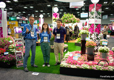 Masashi Matsumura, Junko Yamazaki and Koichi Tomomatsu of Suntory Flowers presenting Kawaii. At their booth, they present several series, including Kawaii (which means cute or pretty in Japanese). This series was launched about 3 years ago and red and white has been recently added. The white gained popularity very fast. “In just one year it has become the best seller.” And for every cutting they sell in this series, they donate 1 cent to the charity Scholarship Girls