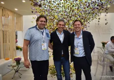 Albert Borst of Bovebo, Carlos Manuel Uribe of Flores el Capiro and Jean Philippe of Greenwings at the booth of Capiro. This chrysanthemum grower ships 80 percent of it flowers by sea and is currently one of the largest shipper of flowers by sea in the world.