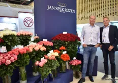 Sjenn Kragtwijk  and Erik Spek of Jan Spek Rozen next to their red rose variety Hearts. This rose, with a heart shape is becoming a real success in Ecuador and is starting to be picked up more and more in Colombia, Spek explains.