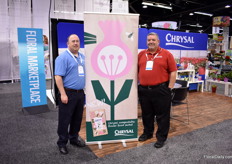 Chris McCain and Ixo Valdes of Chrysal presenting their compostable Flower Food sachets. "It is fully compostable in about 12 weeks, the same as an orange or banana peel.