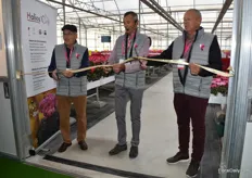Brothers Guy, Olivier, Paul-Henri opening the new greenhouse by cutting the ribbon.