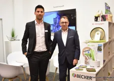 Okan Tüsüz and Markus Fleschmann of Becker Etiketten, a German label supplier. At the booth, they are presenting how they use recycled products. They changed PP and PS Material to recycled  PP (RE-PP) and recycled PS. Besides, they also showed NPL (Non-Plastic Solutions) labels.