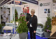 Raymond Evison and Lindsay Reid of The Guernsey Clematis Nursery presenting one of their new clematis that they launched at RHS Chelsea 2019. It is an eternal flowering variety with flowers down the stem.