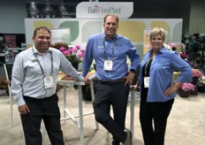 Ralph Zendejas, Leland Toering, and Maria Bolinger pose in the Ball FloraPlant booth at Cultivate’21 where the new micro-Coleus Spitfire is catching eyes, as well as mounded basket Lantana Shamrock™ and beautiful MixMasters™ combos featuring Petunia Bee’s Knees.