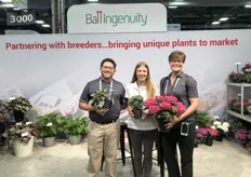The Ball Ingenuity display included the expanding collection of Jurassic Rex Begonias of four different sizes to serve customers indoors and out; the fragrant Jupiter series of Exacum powered by Ball FloraPlant breeding; and indoor flowering hydrangea from the Hydrangea Breeders Association and Aldershot. (left to right) Jesus Benitez, Lori Croghan, and Joan Mazat